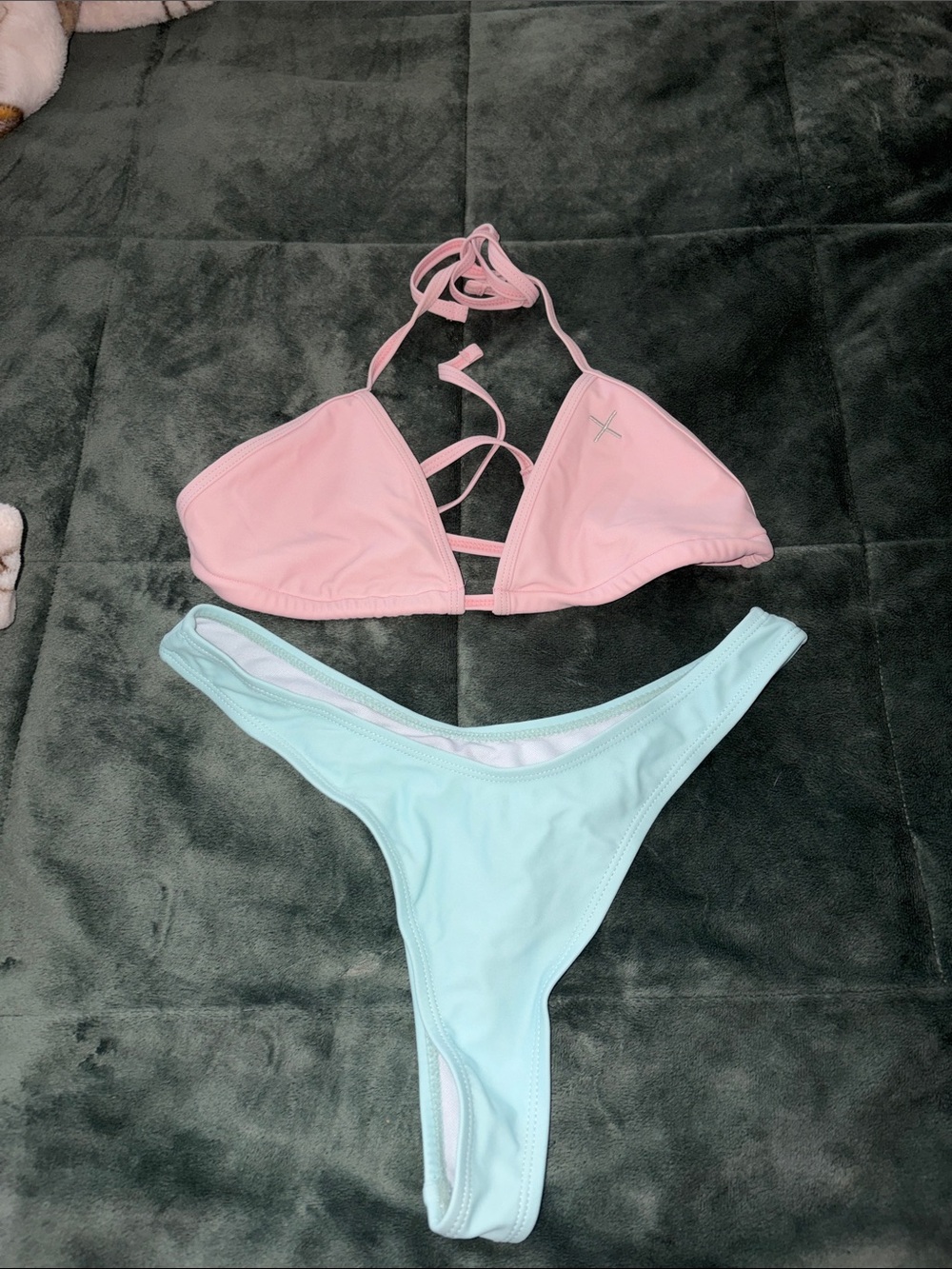 Boutine LA Pink Triangle Bikini Top and Light Blue Cheeky Bottom Set